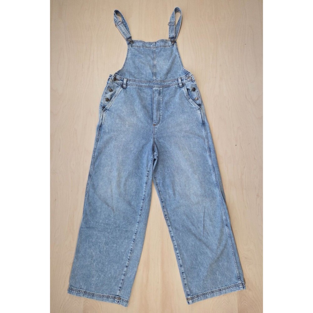 Aerie Women's Large Light Wash Blue Denim Overalls Wide Leg Baggy Relaxed